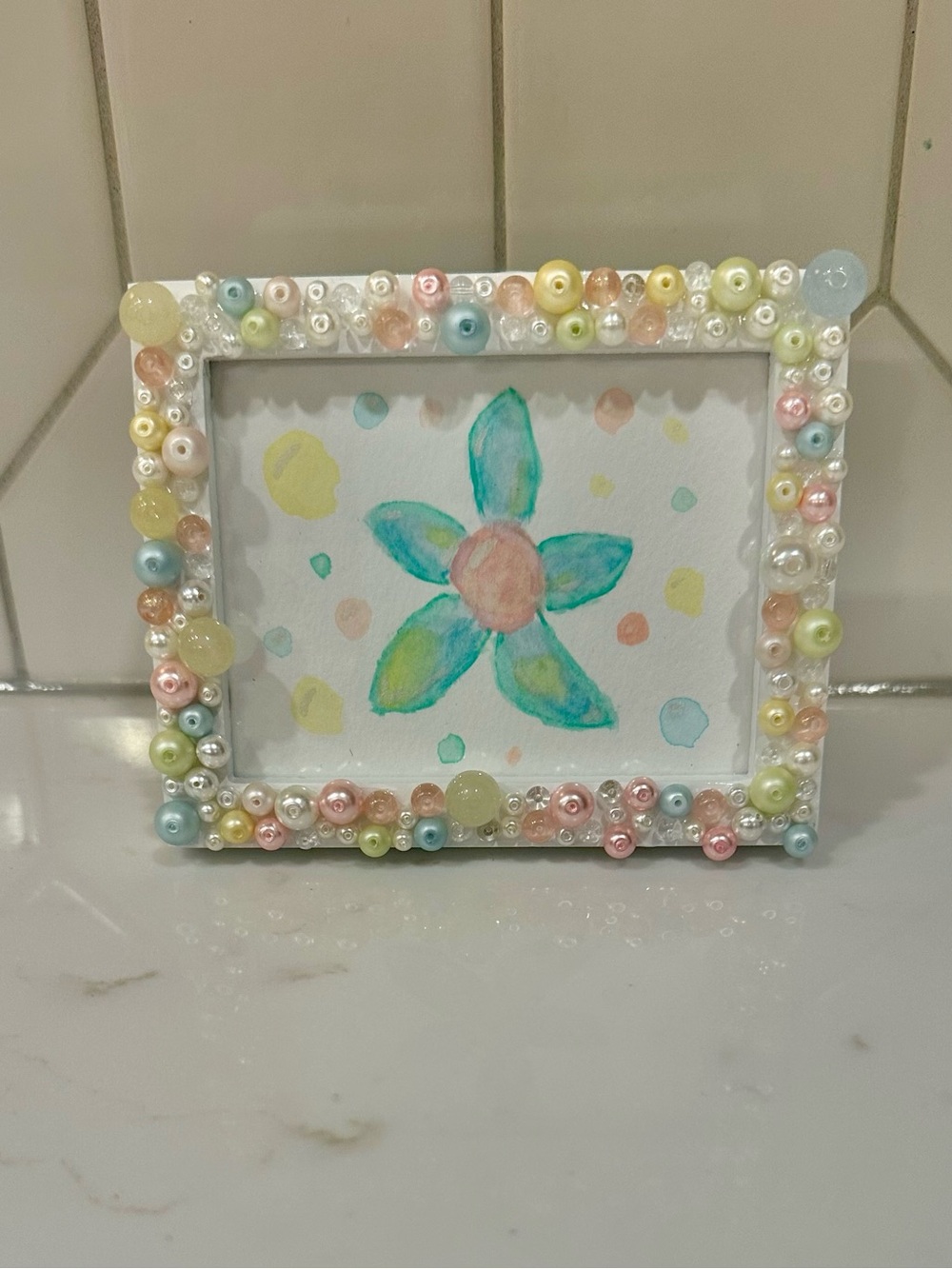 Hand Crafted Beaded Pastel Pearl Photo Frame With Floral Watercolor